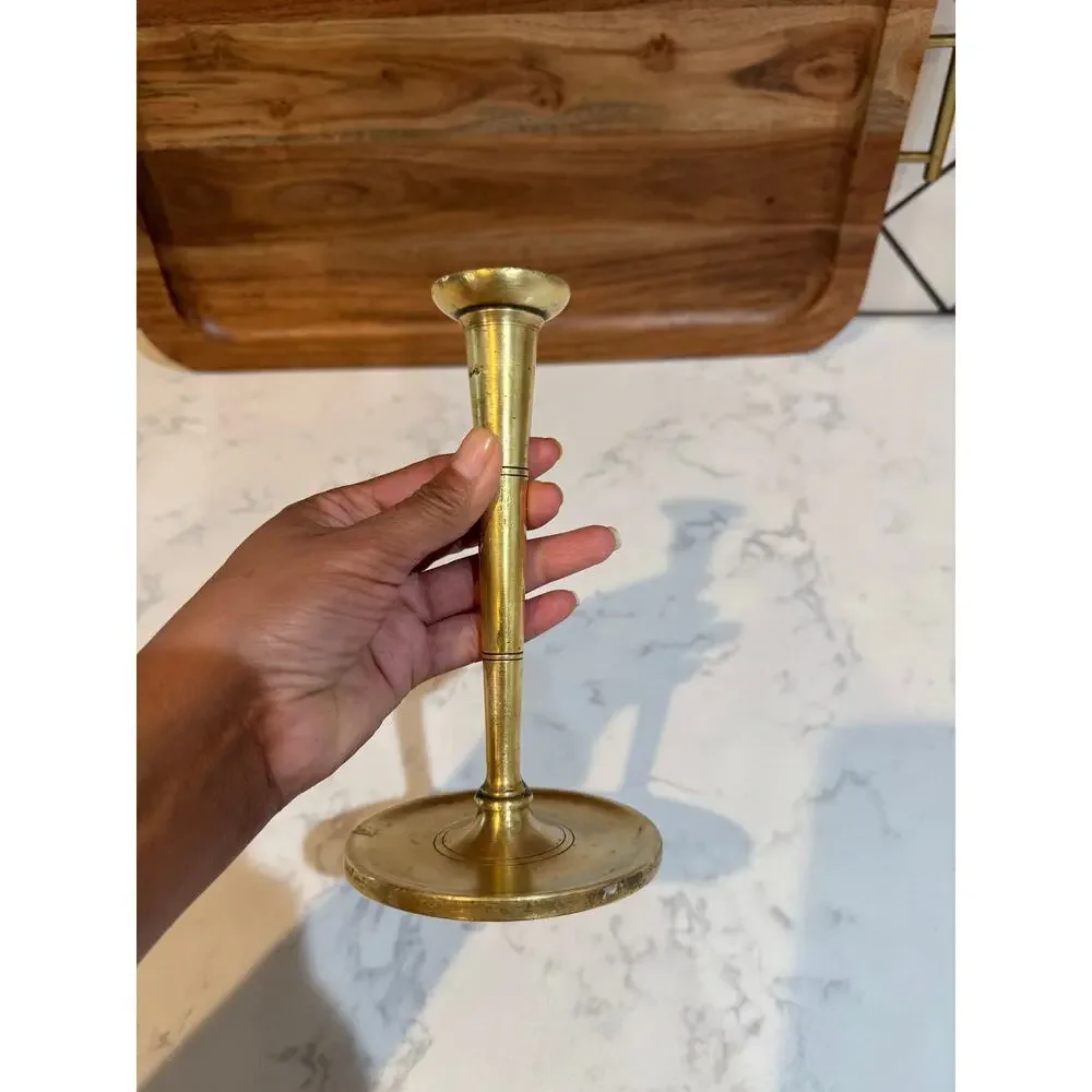 antique vintage brass candlestick holder classic turned, tapered stem wide base
